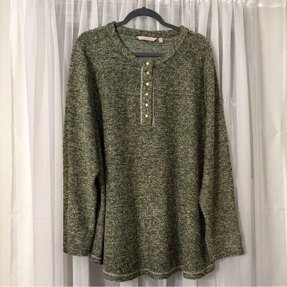 Soft Surroundings Olive Buttoned Crew Neck Sweater